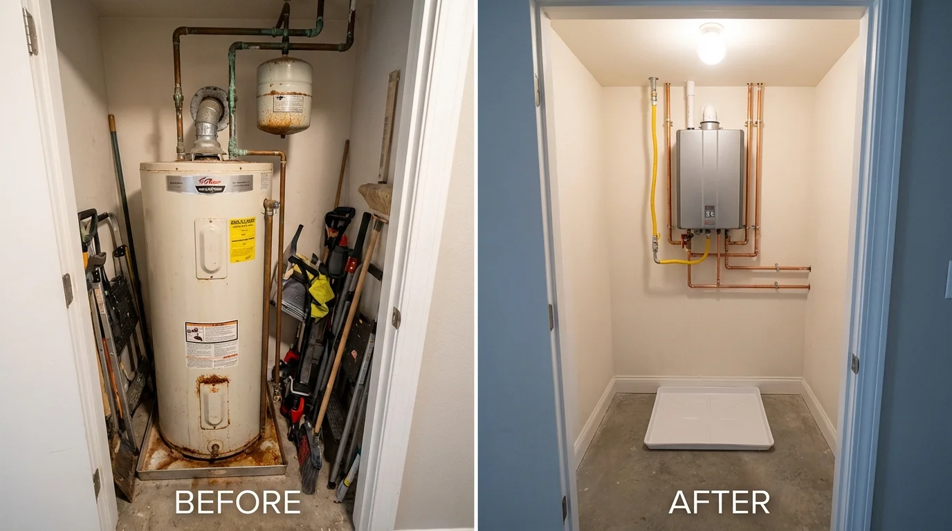Tank water heater versus wall-mounted tankless unit comparison for Atchison, KS homeowners