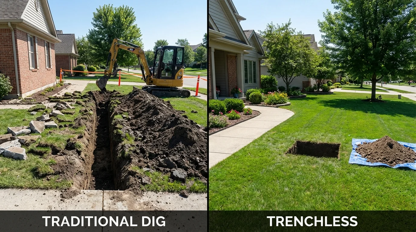 Trenchless sewer repair with minimal yard damage versus traditional excavation in Atchison, KS