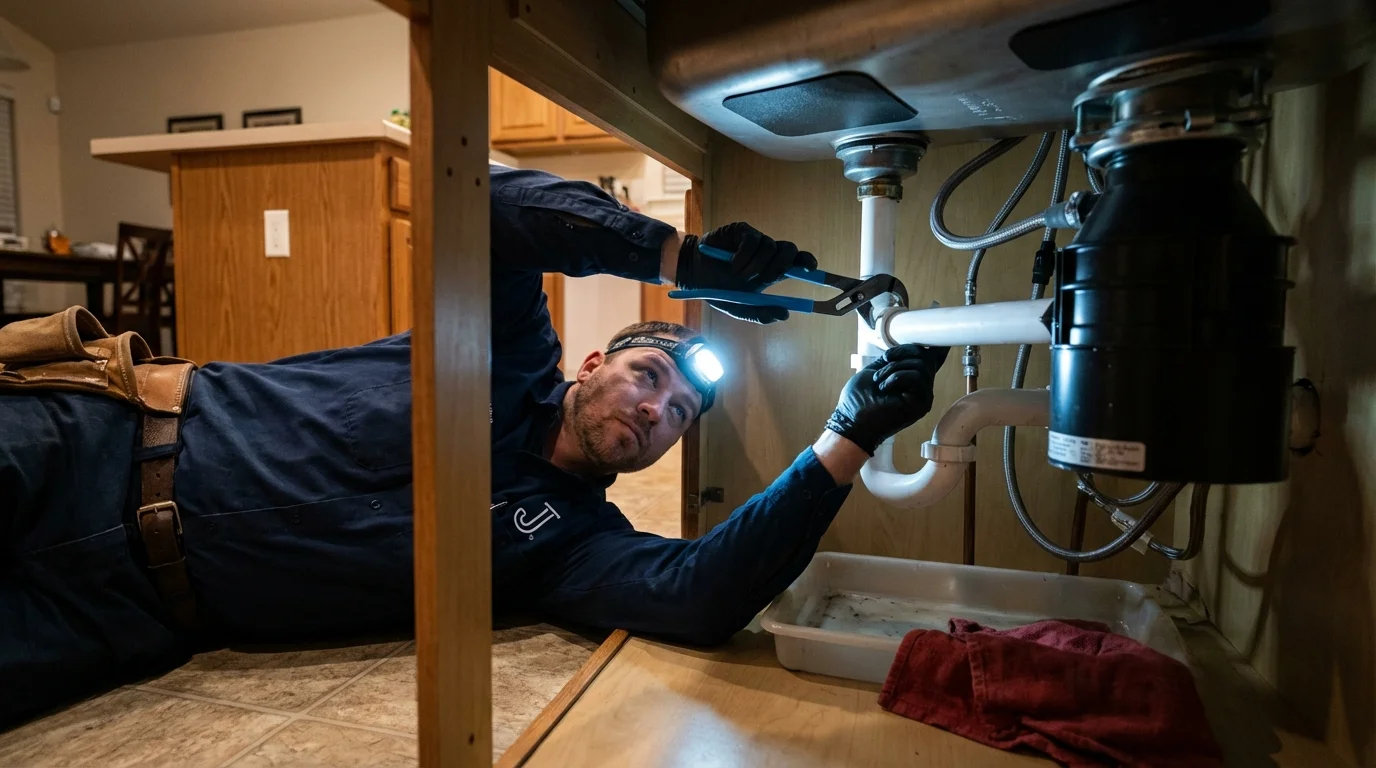 P-trap and supply line connections under a kitchen sink showing a common leak point in Atchison, KS